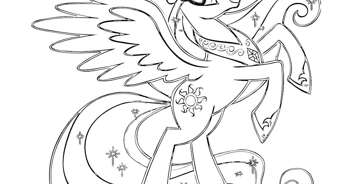 Раскраска Пони с крыльями и рогом, украшенная космическими символами