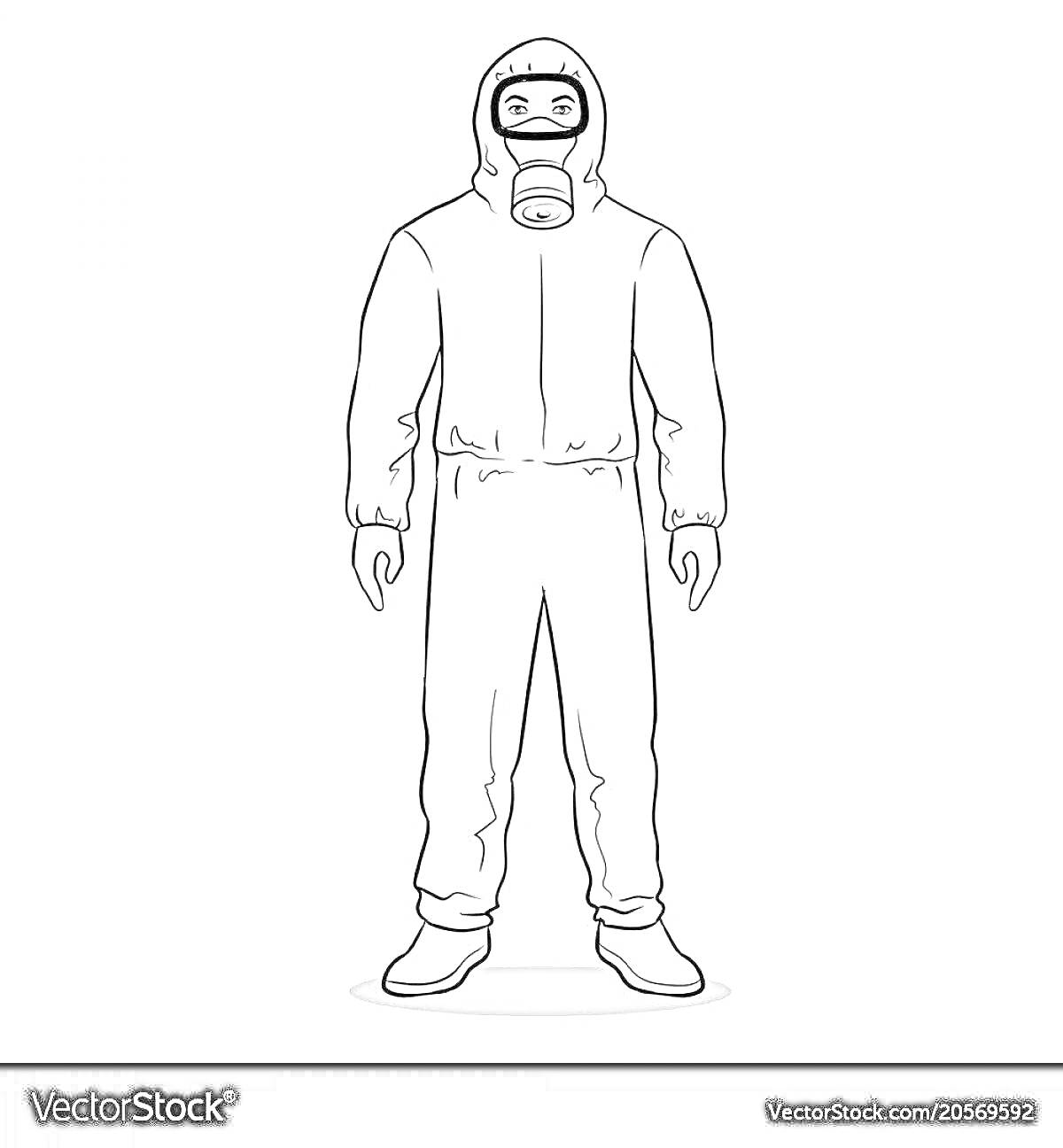 Раскраска Человек в комбинезоне с респиратором и защитными очками