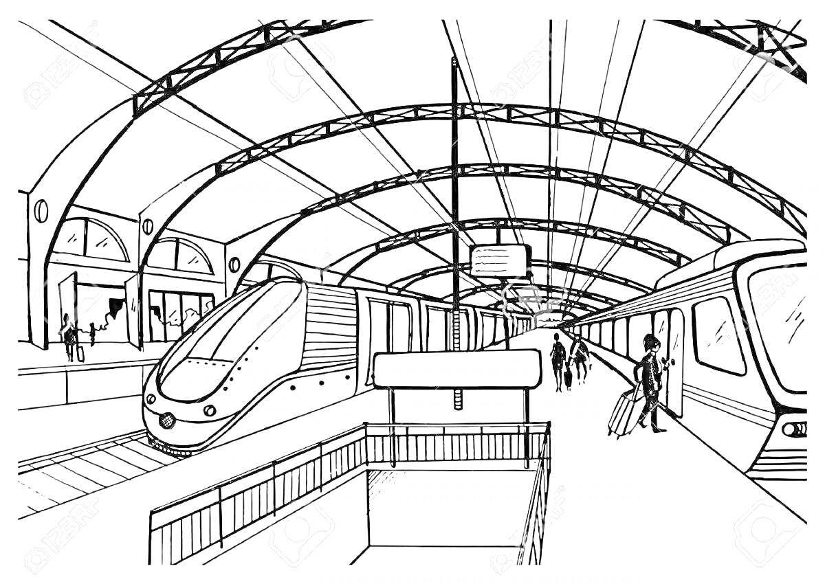 Раскраска Вокзал с двумя поездами, пассажирами и арочным сводом крыши