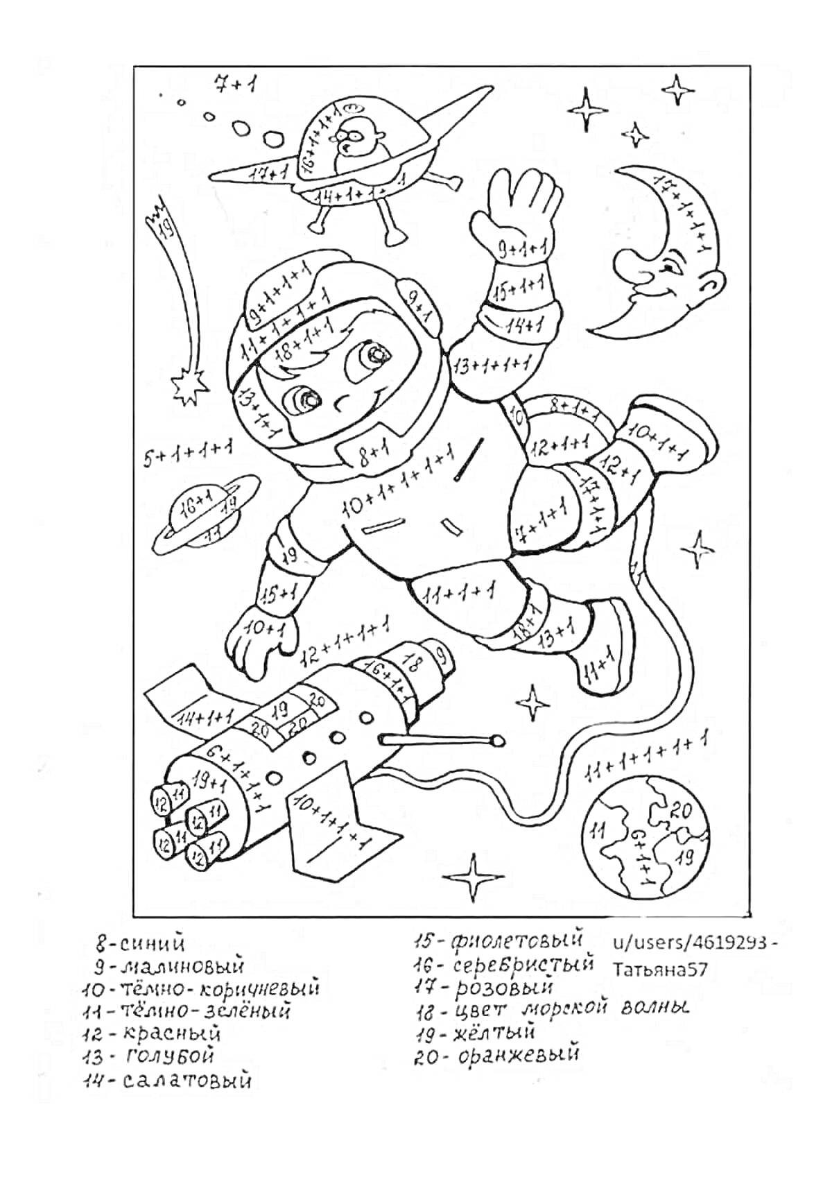 Раскраска Космонавт с математическими примерами в космосе. На изображении присутствуют: космонавт, планеты, летающая тарелка, луна, звезды.