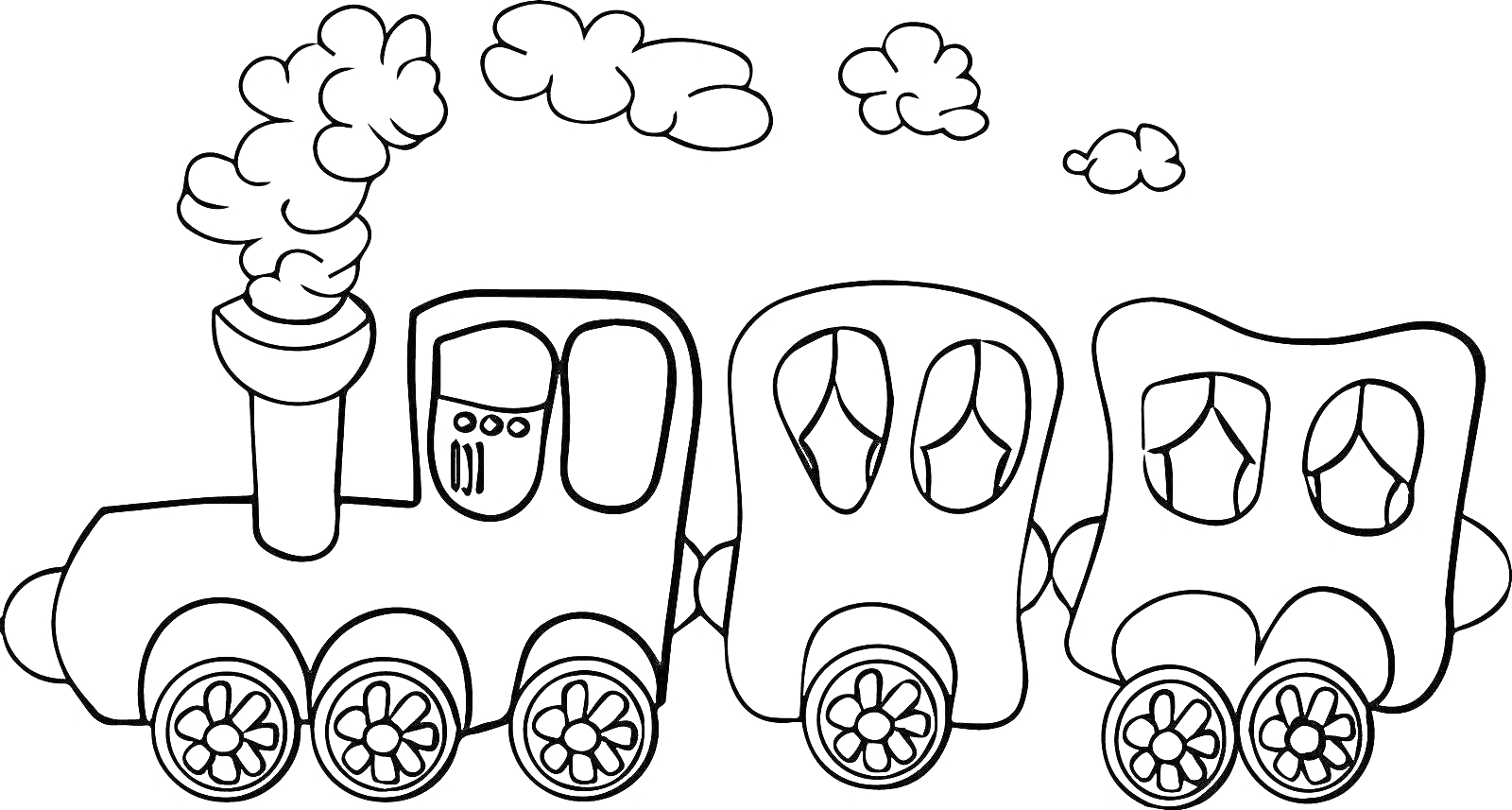 На раскраске изображено: Поезд, Вагоны, Облака, Колёса, Дым, Транспорт