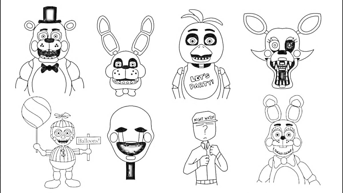 Раскраска Разнообразные аниматроники из Five Nights at Freddy's, включающие мишку в цилиндре, зайца с большими ушами, птицу с надписью 