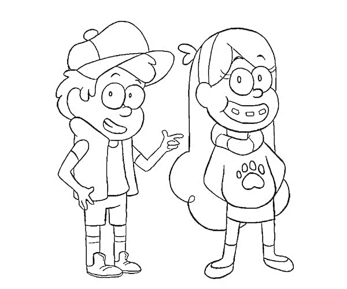 Раскраска Два персонажа в кепке и толстовке с лапой, мальчик и девочка-герои мультфильма