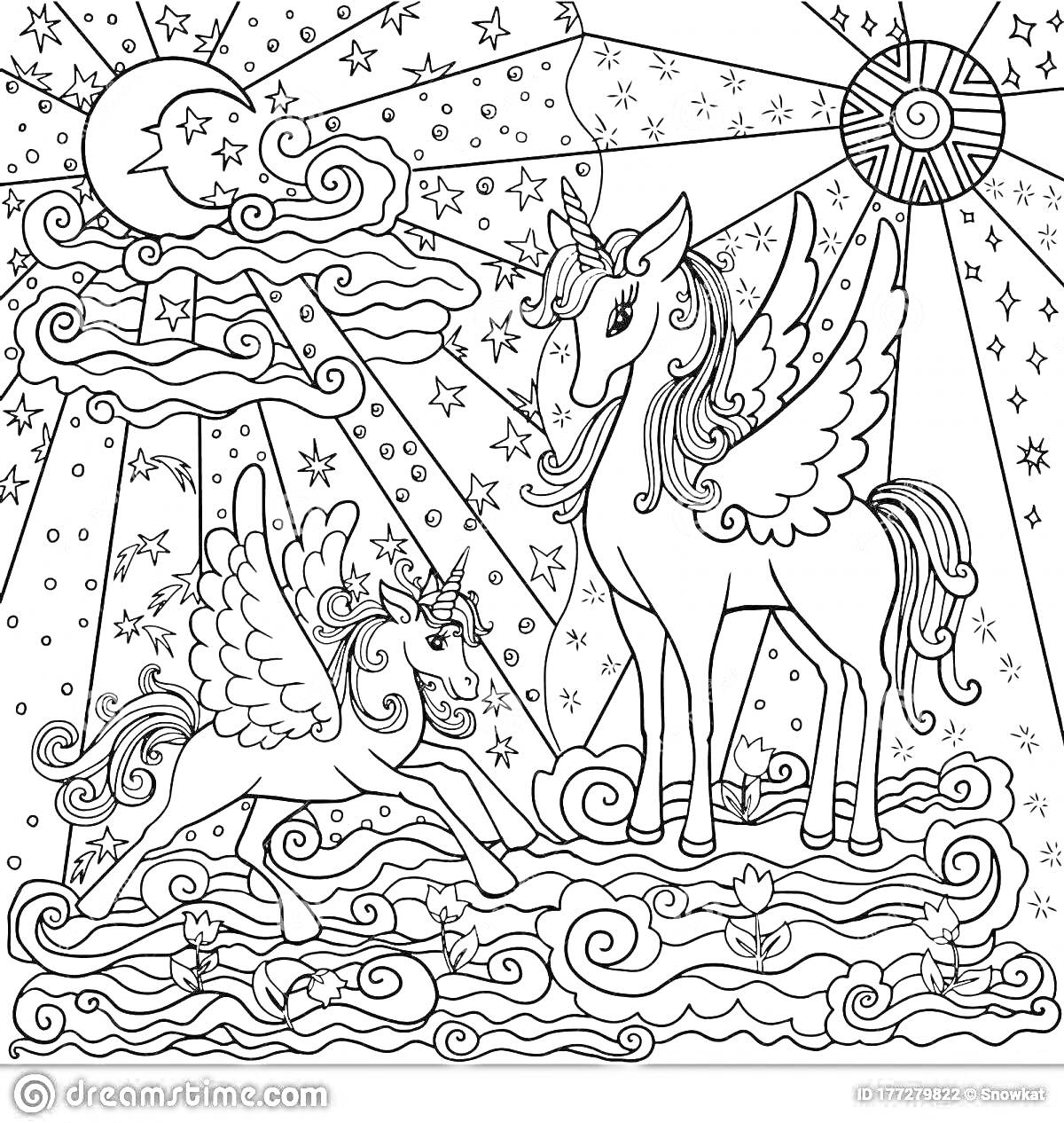 На раскраске изображено: Единороги, Крылья, Звезды, Облака, Солнце, Луна, По номерам