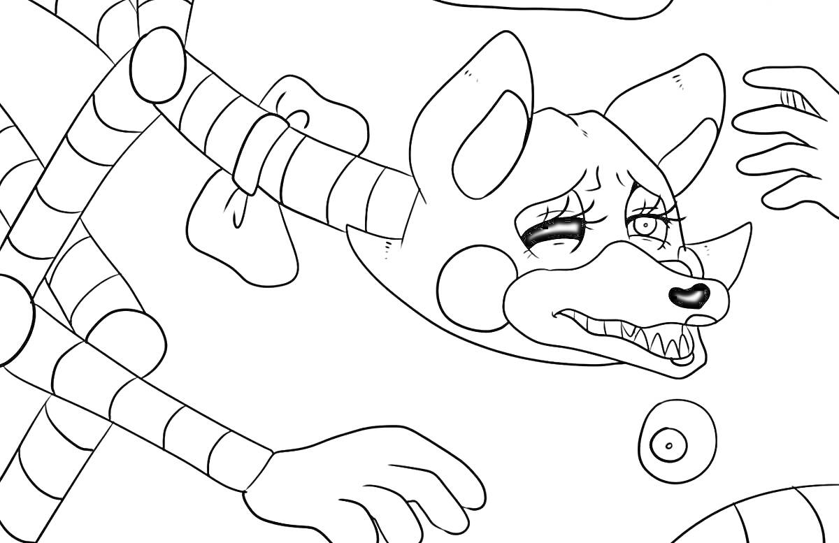 Раскраска Спрингтрап с несколькими механизированными руками на фоне, часть тела в виде трубы, голова аниматроника с ушами, нос, и выступающие зубы, плачущий глаз, круглый элемент перед ним