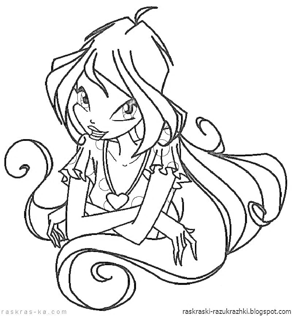 Раскраска Девочка с длинными волосами и сердечком на кофточке