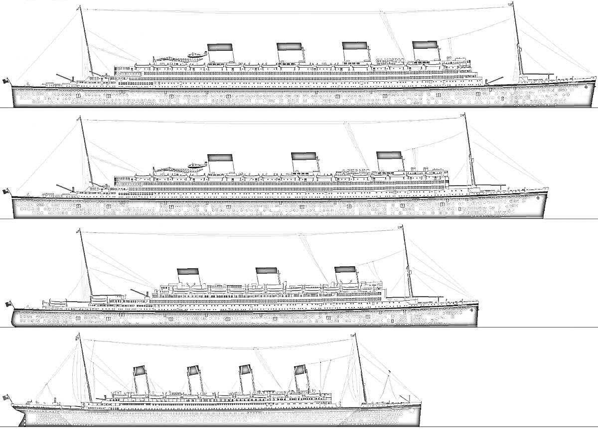 На раскраске изображено: Титаник, Корабль, Морской транспорт, Профиль, Дымовые трубы