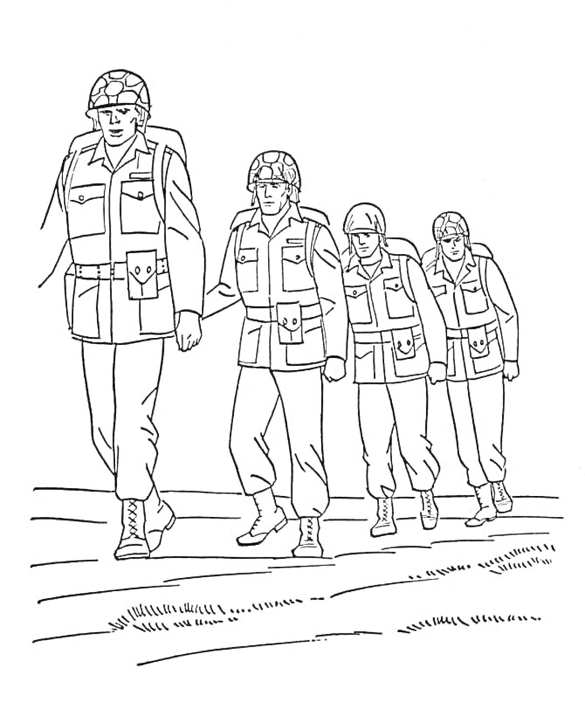 На раскраске изображено: Поддержка, Шлемы, Марш, Армия