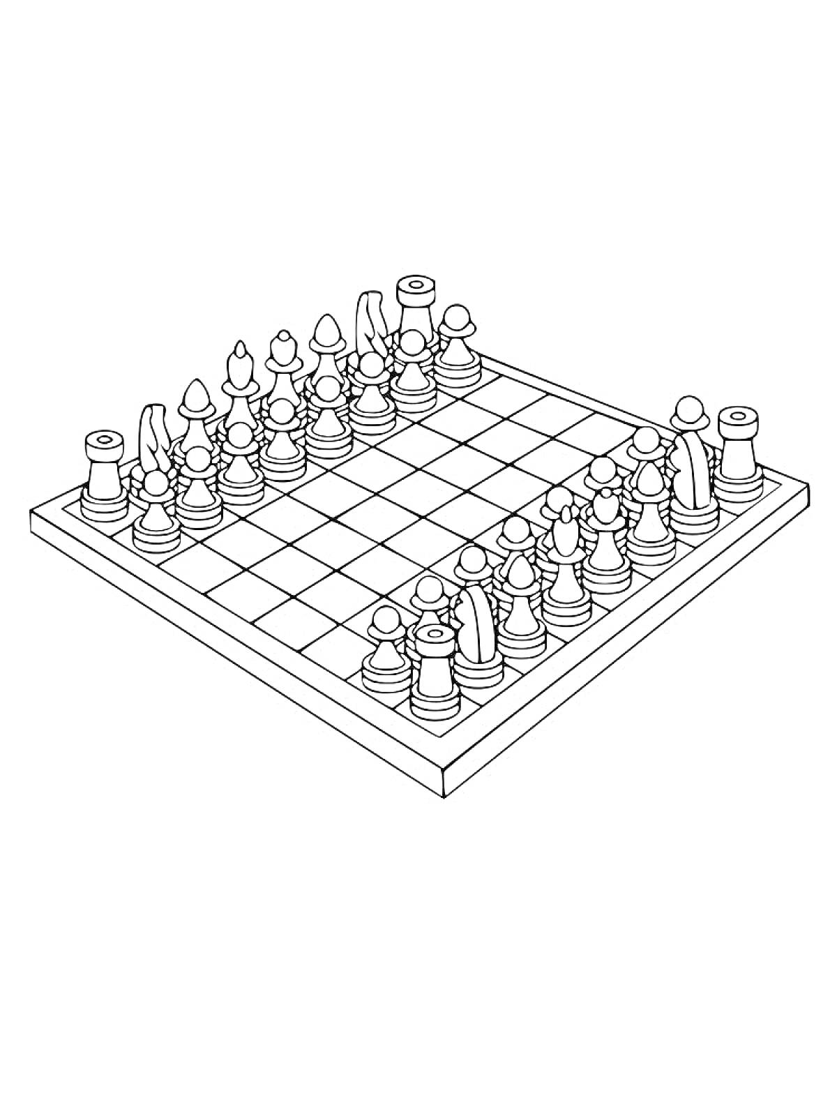 На раскраске изображено: Шахматы, Игра, Доска, Кони, Ферзь, Король, Слон