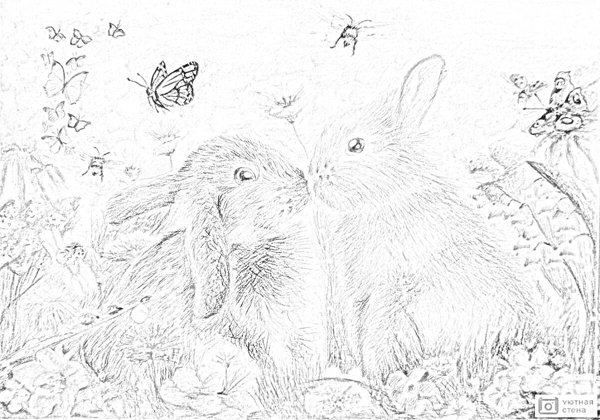 На раскраске изображено: Пчёлы, Цветы, Природа, По номерам, Детское творчество, Кролик, Животные, Бабочка