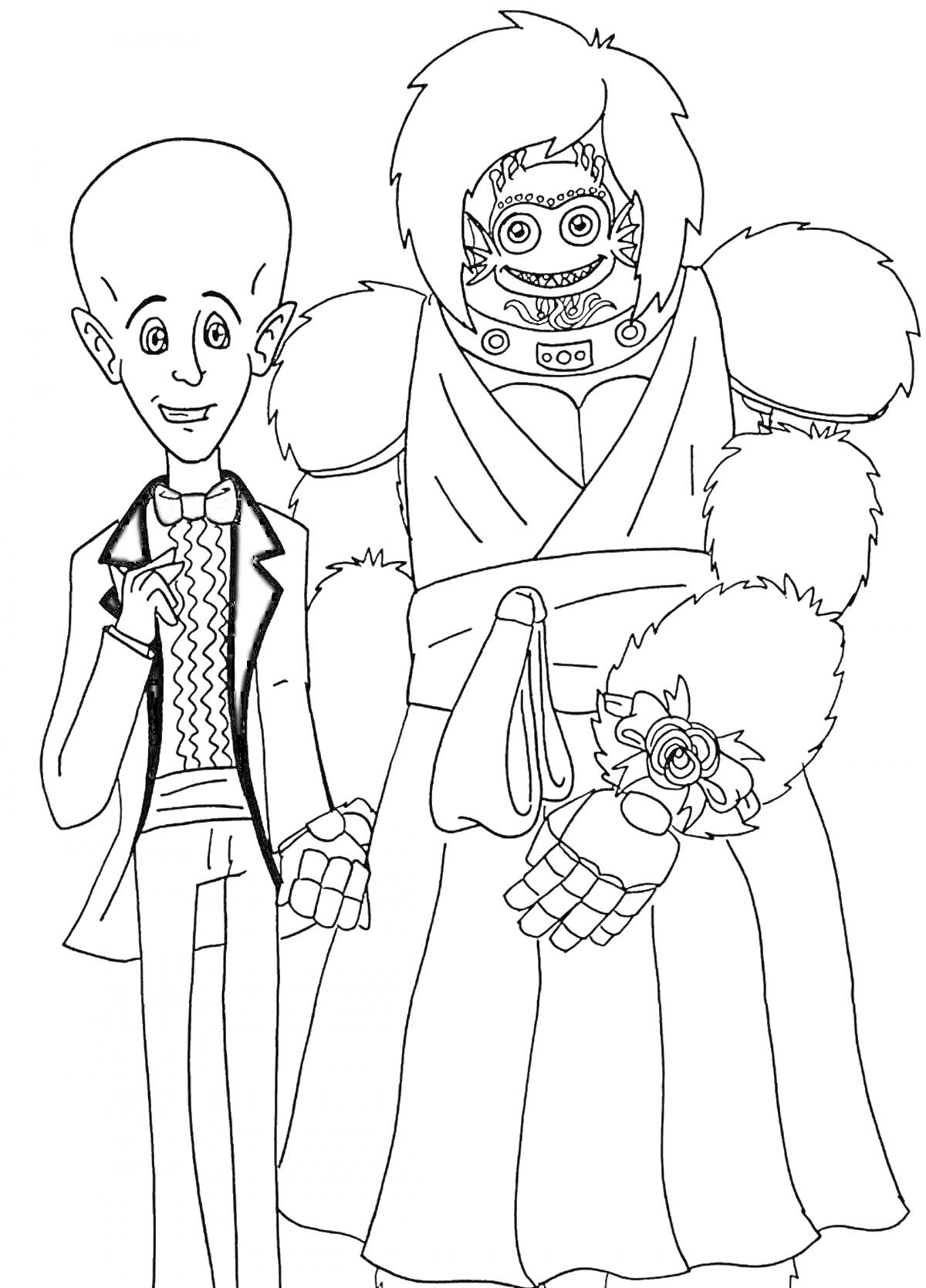 На раскраске изображено: Человек, Смокинг, Робот, Платье, Цветы, Для детей, Развлечения