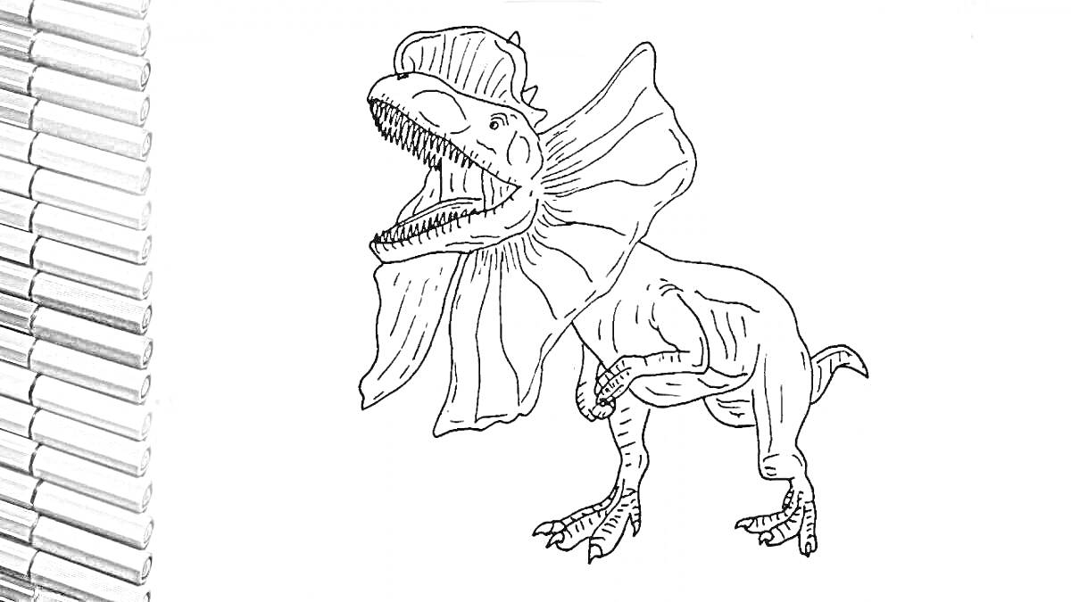 Раскраска Дилофозавр с раскрытым воротником и открытой пастью