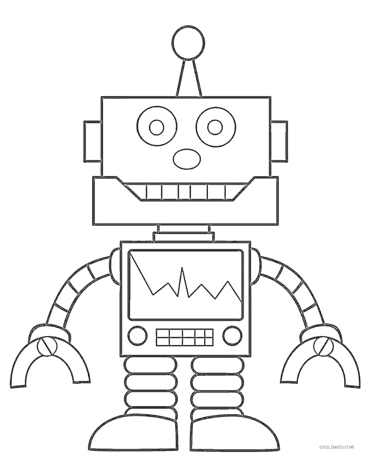 Раскраска Робот с антенной, дисплеем, руками-когтями и лапами