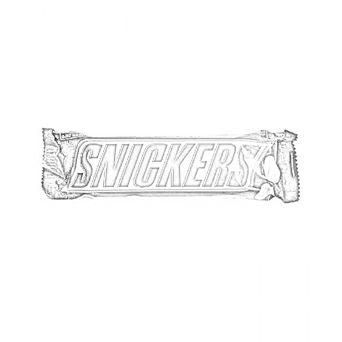 Раскраска Обертка шоколадного батончика Snickers с изображением логотипа и орехов.