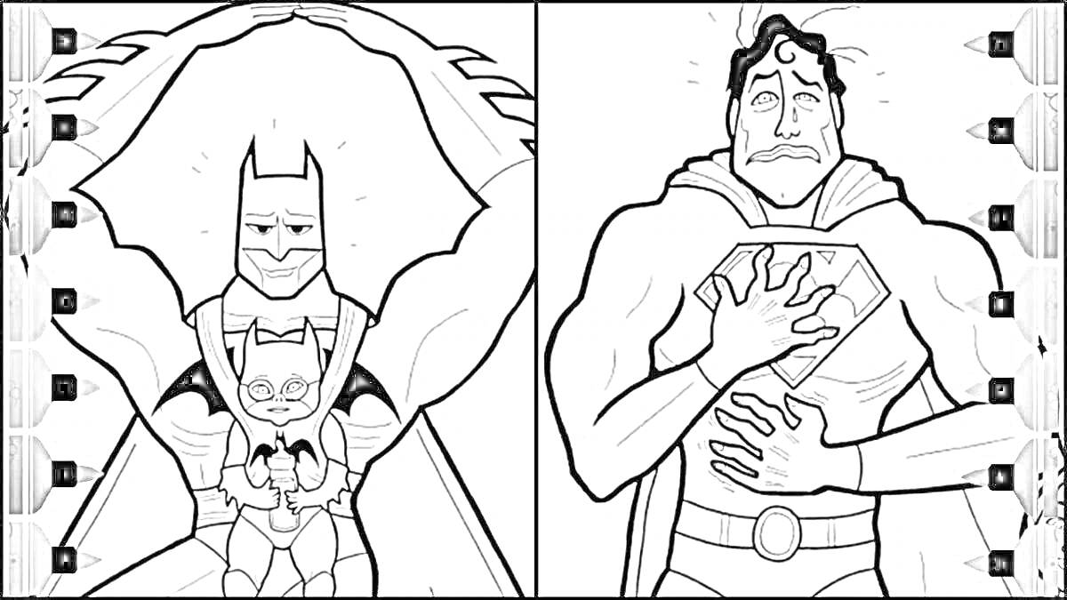 На раскраске изображено: Бэтмен, Ребенок, Супермен, Супергерои, Комиксы, Плащ