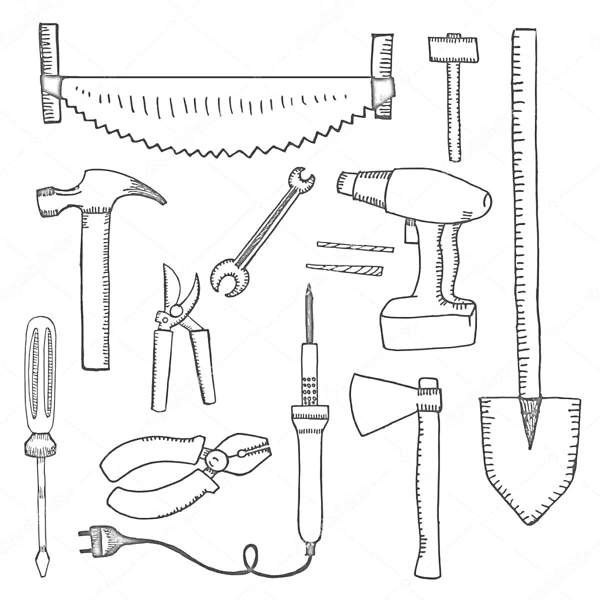 Раскраска Набор инструментов: ножовка, молоток, пассатижи, ножницы по металлу, отвертка, гаечный ключ, гайки, дрель, топор, лопата, клещи