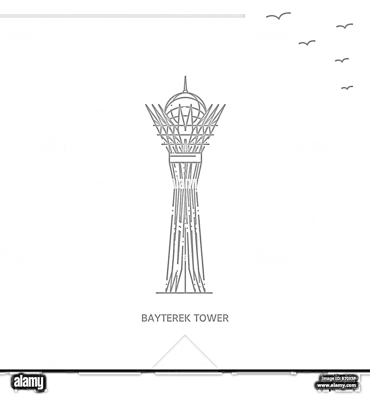 Раскраска Байтерек, башня на фоне с плоской линией и стаей птиц