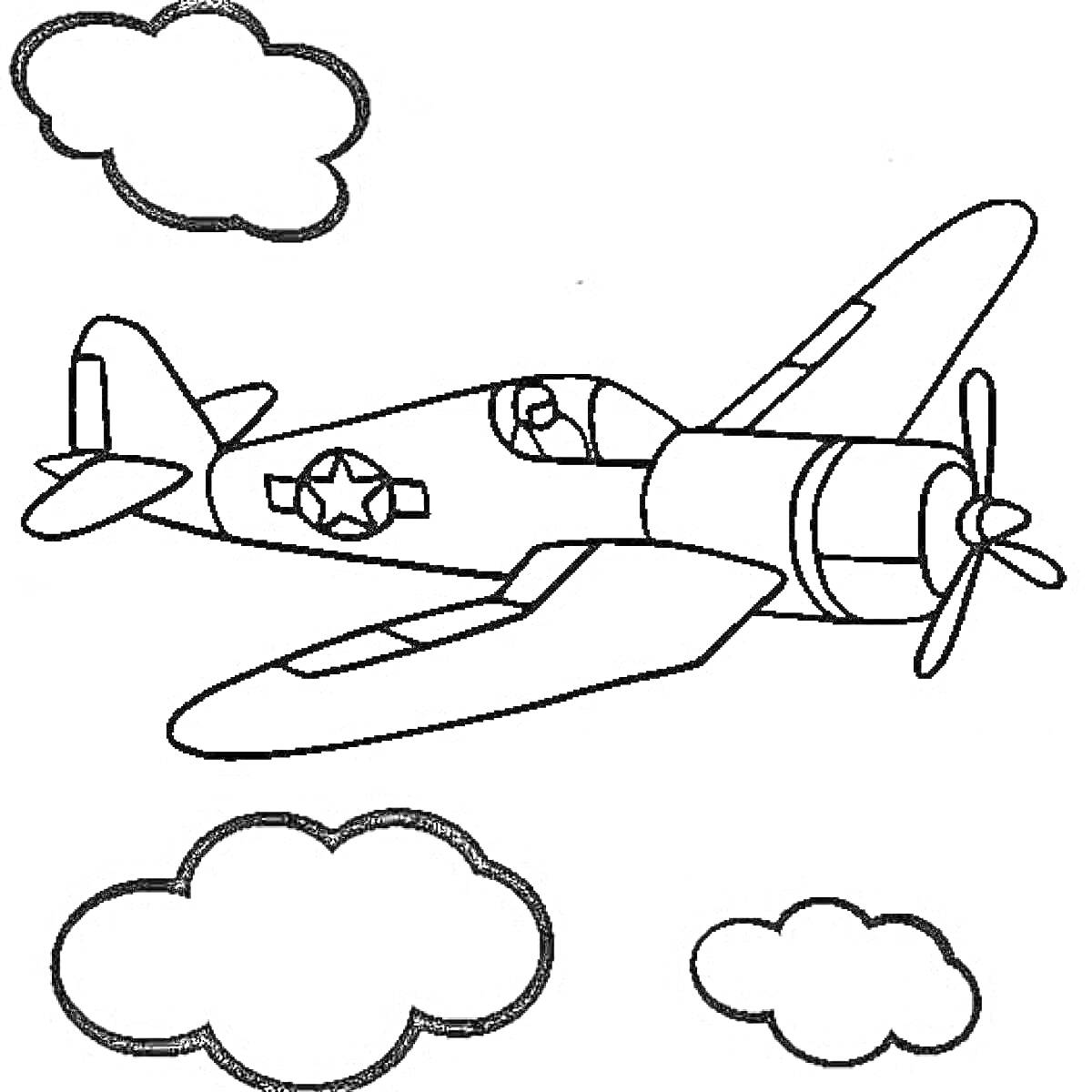 На раскраске изображено: Военный самолёт, Авиация, Облака, Транспорт, Война, Для детей, Самолеты