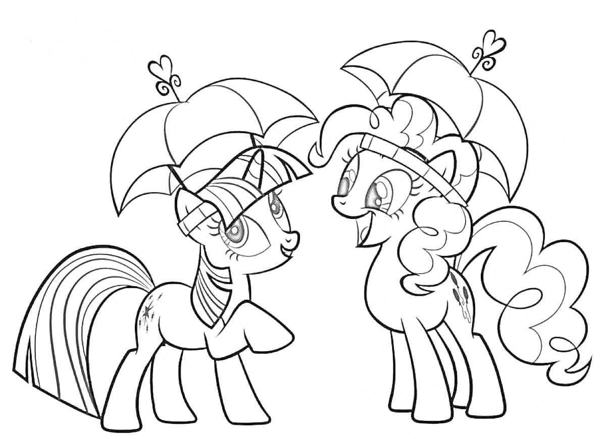 Раскраска Две милые пони с зонтами на головах