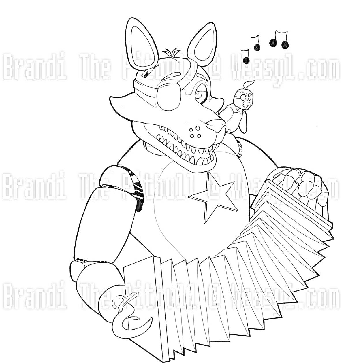 Раскраска Рокстар Фокси с попугаем на плече, аккордеоном и музыкальными нотами