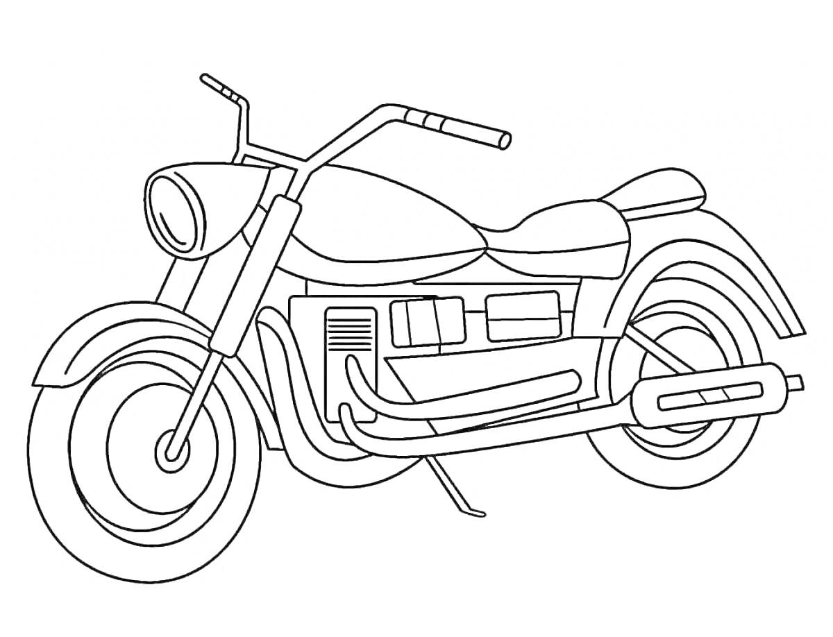 На раскраске изображено: Мотоцикл, Для детей, Транспорт, Два колеса, Руль, Седло, Мотор