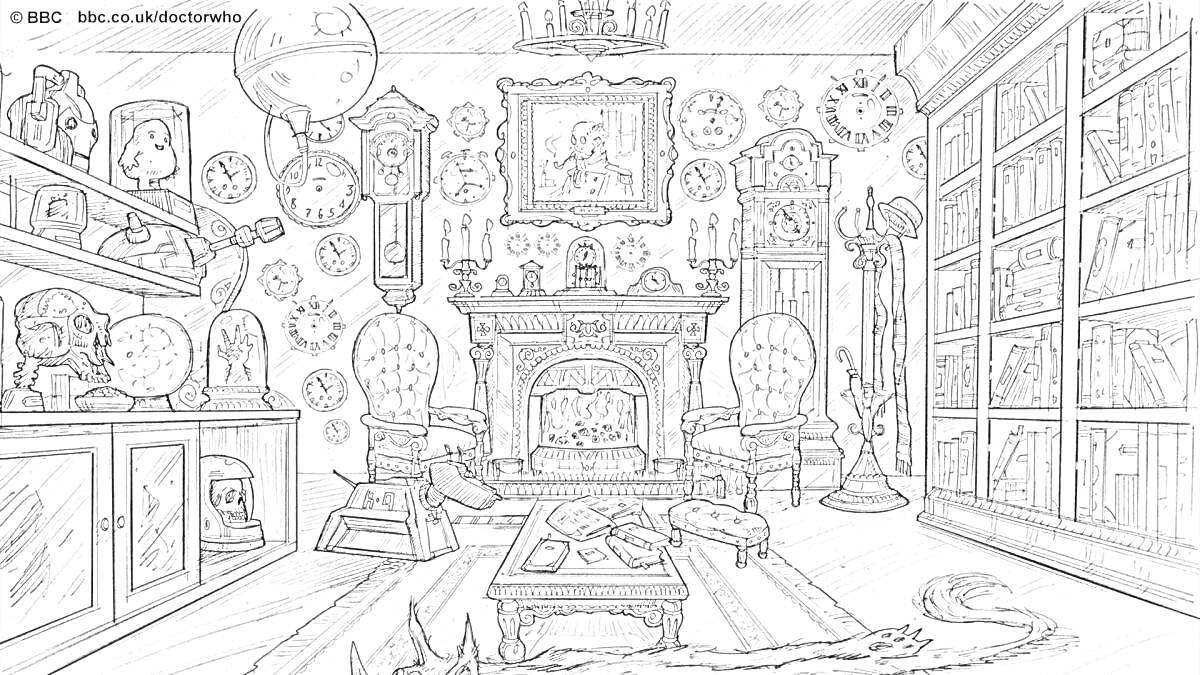 Раскраска Гостиная с камином, полками с книгами, креслами, картинами и часами на стене