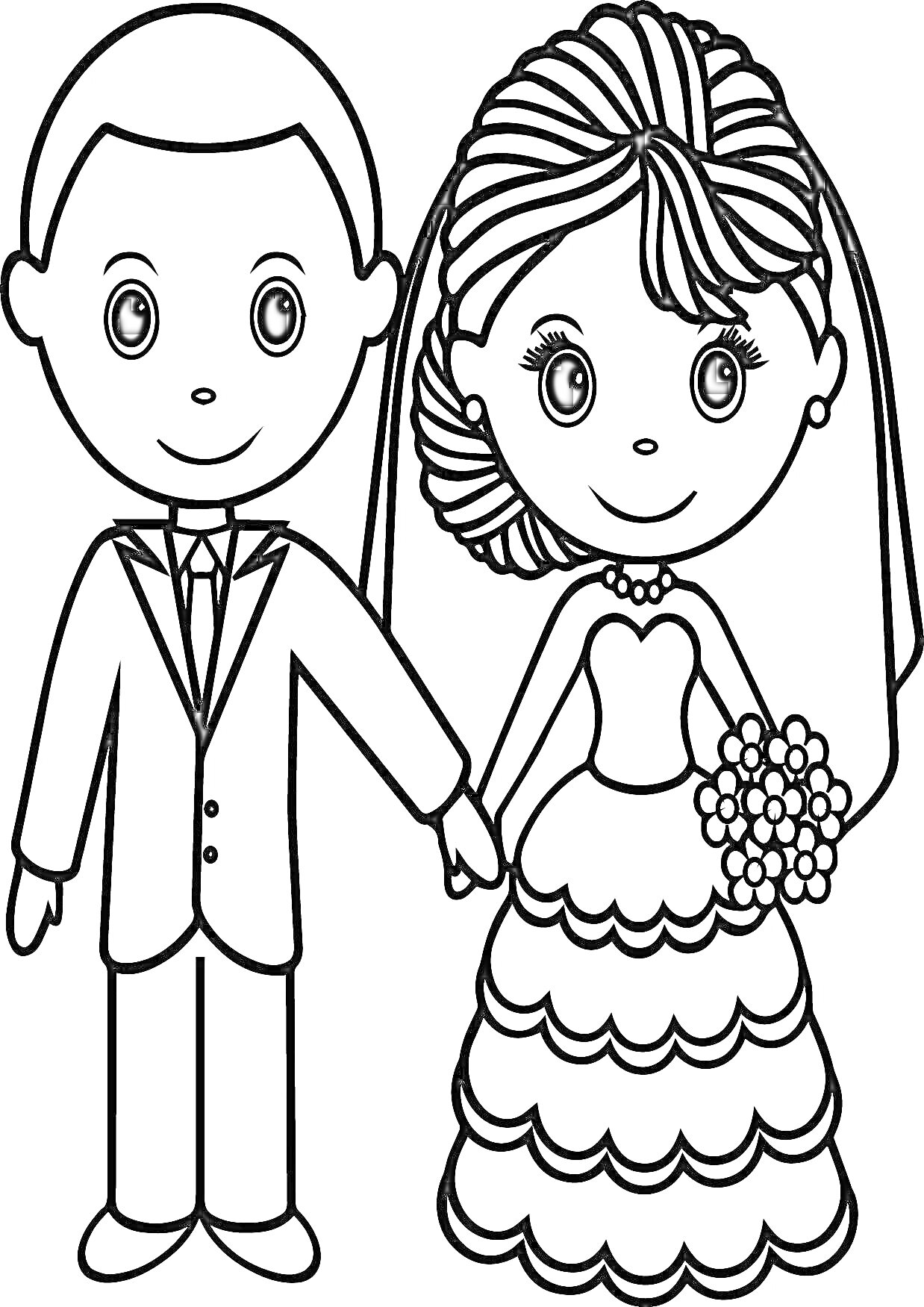 Раскраска Молодожены: жених и невеста держат друг друга за руки, невеста держит букет