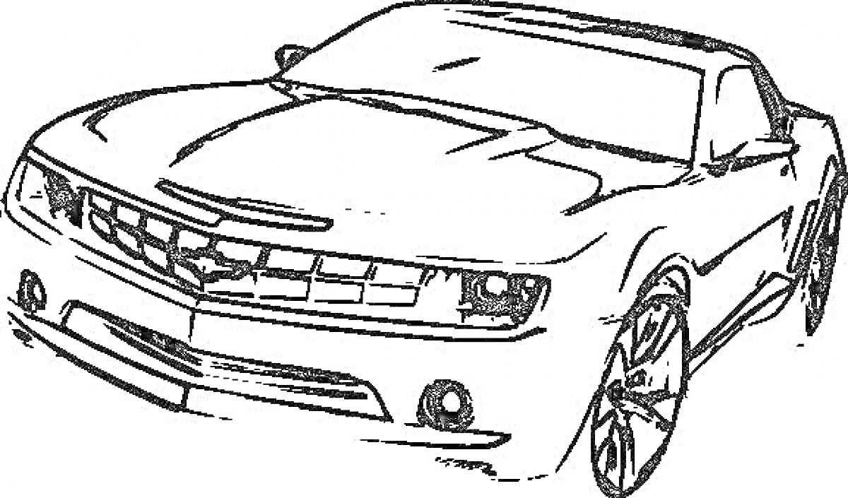 Раскраска Шевроле Камаро, передний вид автомобиля, капот, фары, радиаторная решетка, передний бампер, колеса