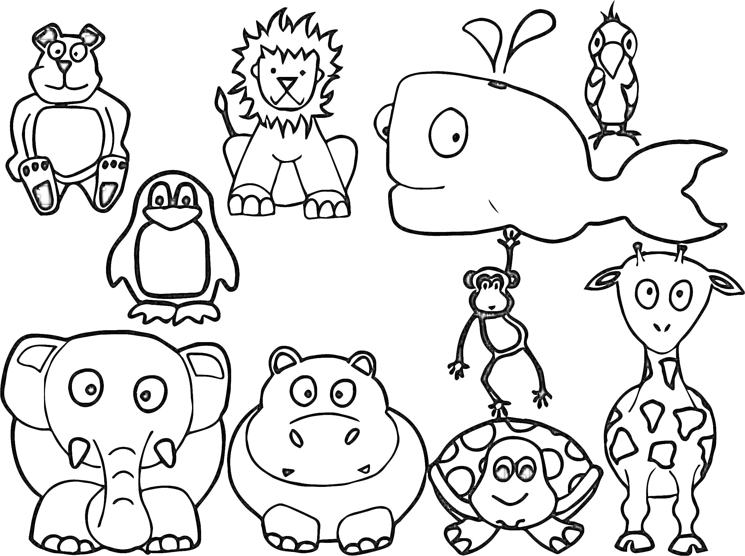На раскраске изображено: Животные, Медведь, Лев, Черепаха, Бегемот, Слон
