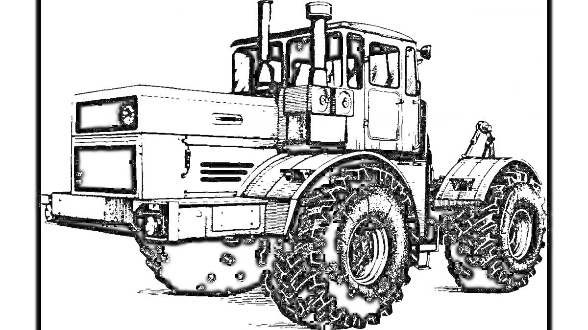 На раскраске изображено: Трактор, Большие колеса, Сельскохозяйственная техника, Кабина водителя, Техника