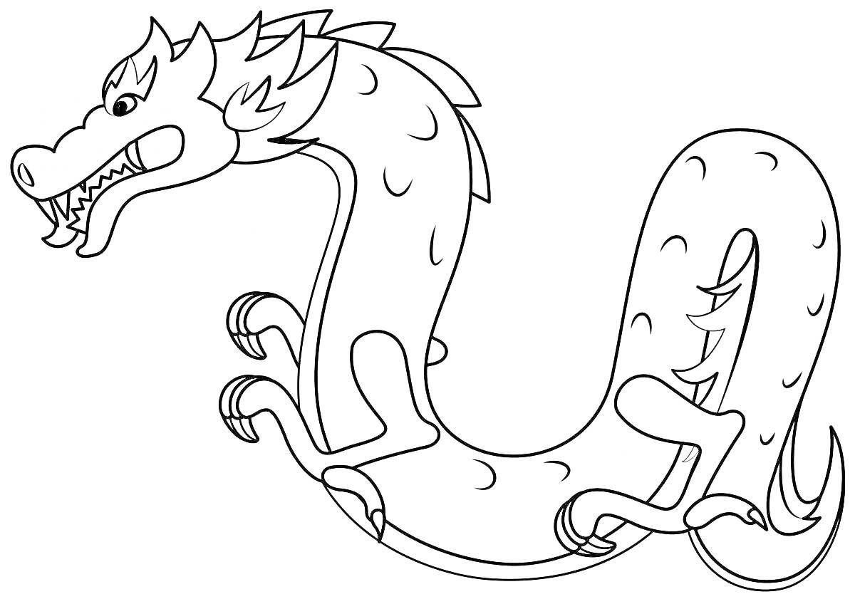 На раскраске изображено: Китайский дракон, Дракон, Длинное тело, Лапы, Чешуя, Для детей, Мифические существа