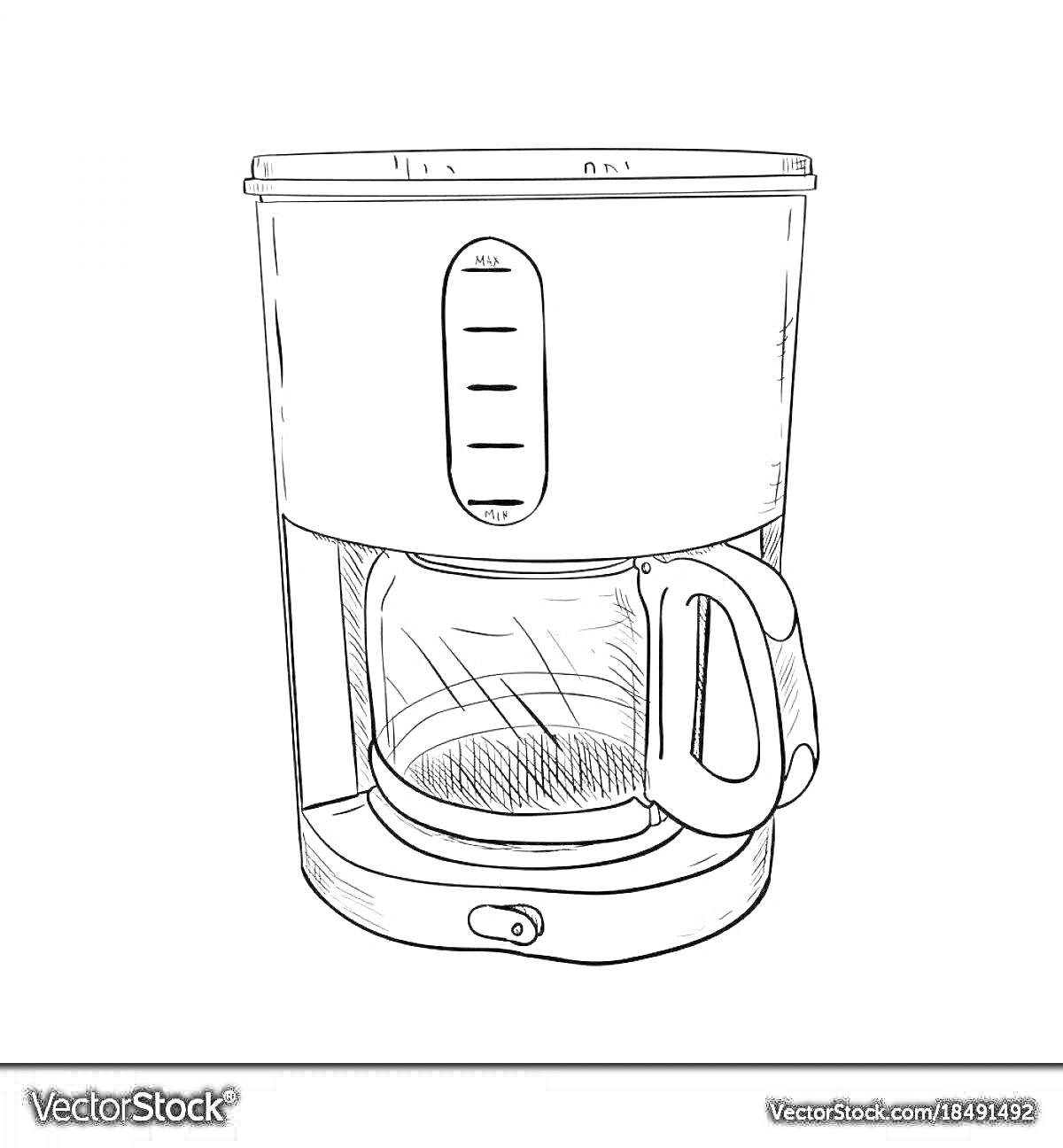 Раскраска Кофемашина с кувшином на передней панели, измерительным окном и кнопкой в нижней части