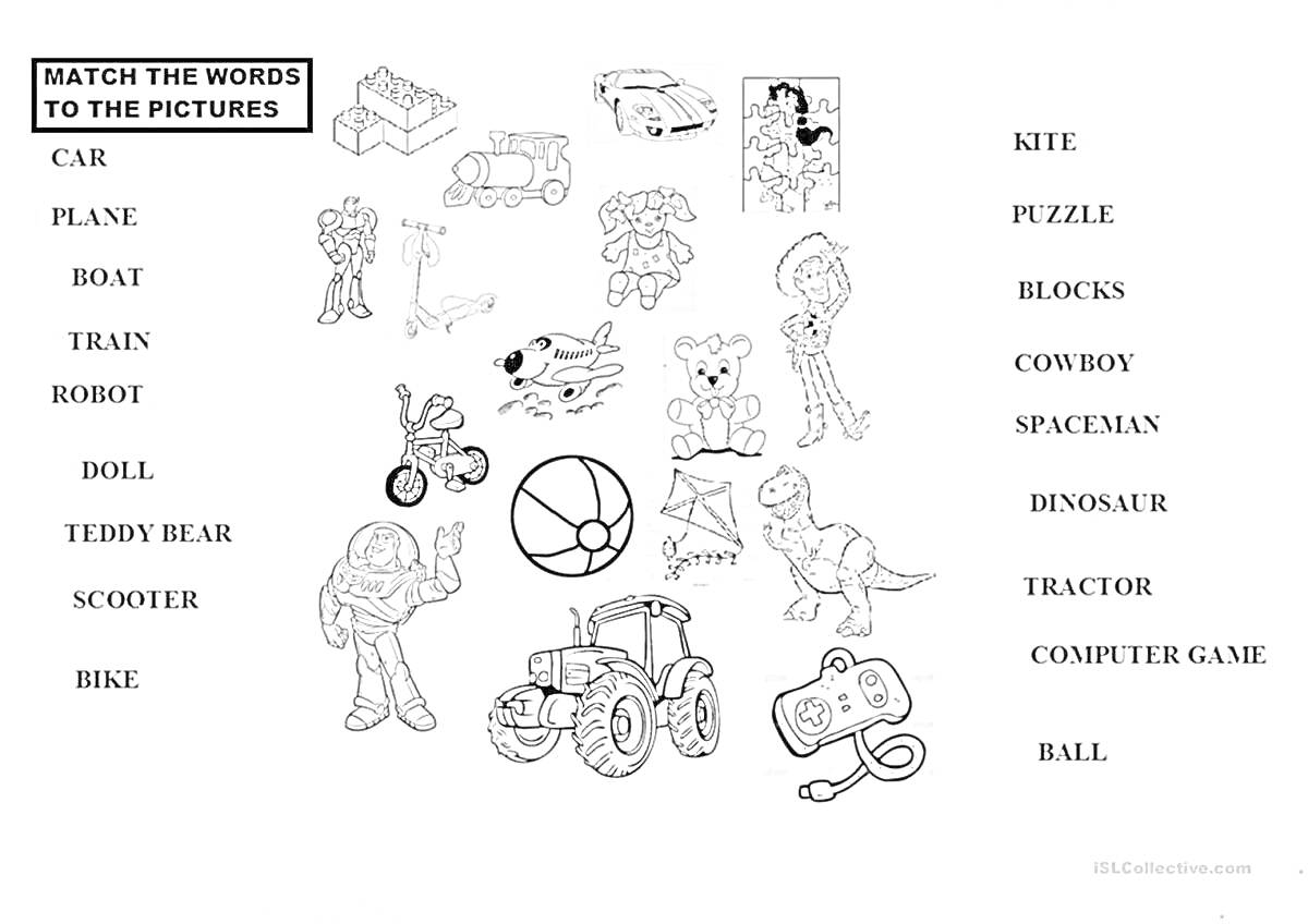 игрушки на английском языке — автомобиль, самолет, корабль, поезд, робот, кукла, медвежонок, скутер, велосипед, воздушный змей, головоломка, кубики, ковбой, космонавт, динозавр, трактор, компьютерная игра, мяч.