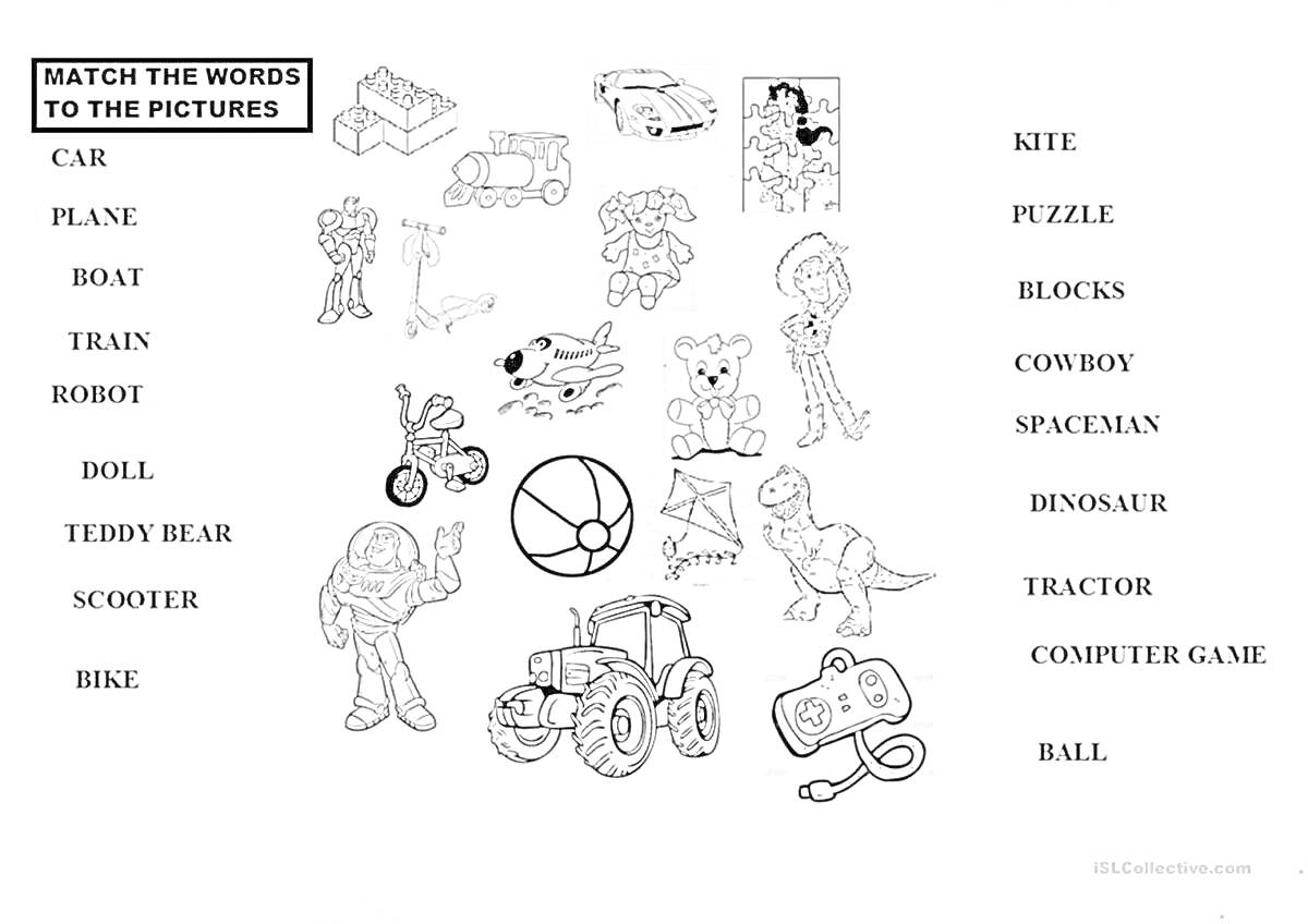 На раскраске изображено: Игрушки, Английский язык, Корабль, Поезд, Робот, Кукла, Скутер, Велосипед, Воздушный змей, Головоломка, Кубики, Динозавр, Трактор, Компьютерная игра, Для детей, Авто, Ковбои, Космонавты, Медведь, Мячи, Самолеты