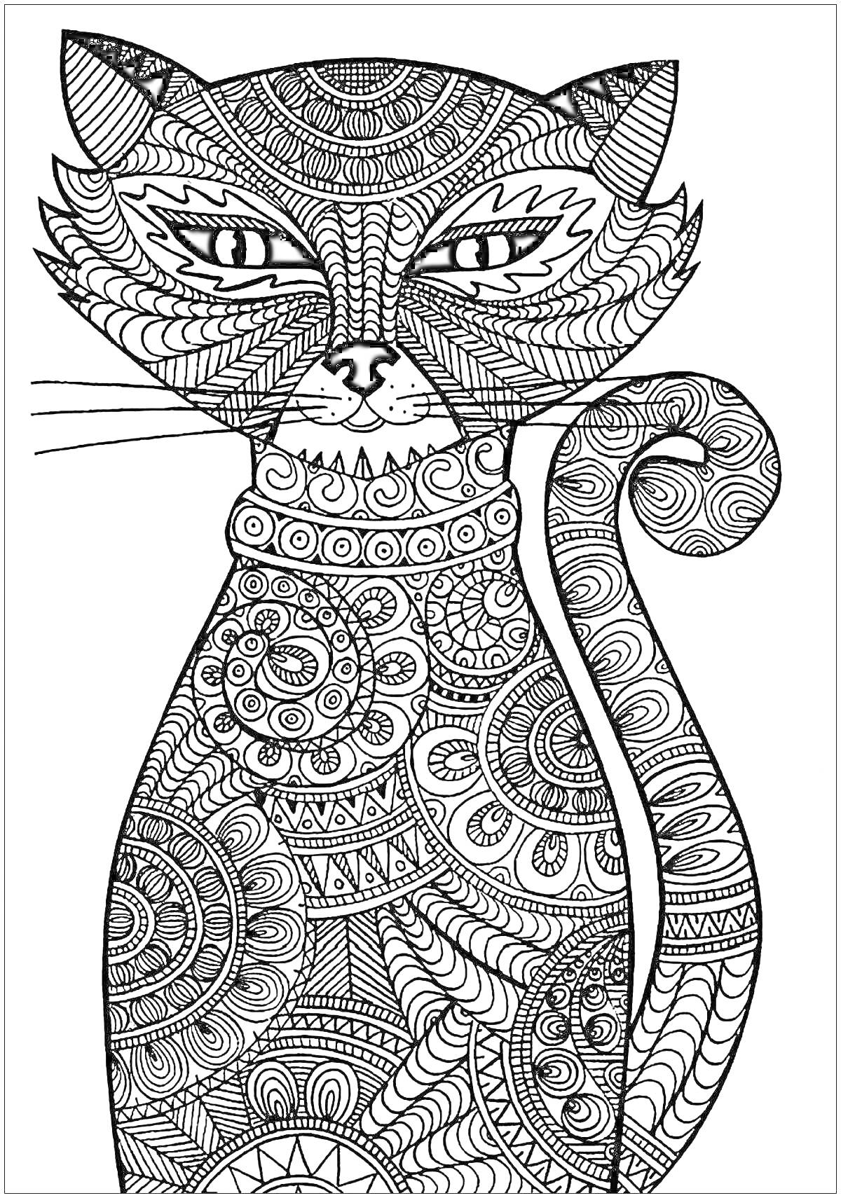 Раскраска Кошка с замысловатым орнаментом, включающим геометрические узоры и закрученные линии