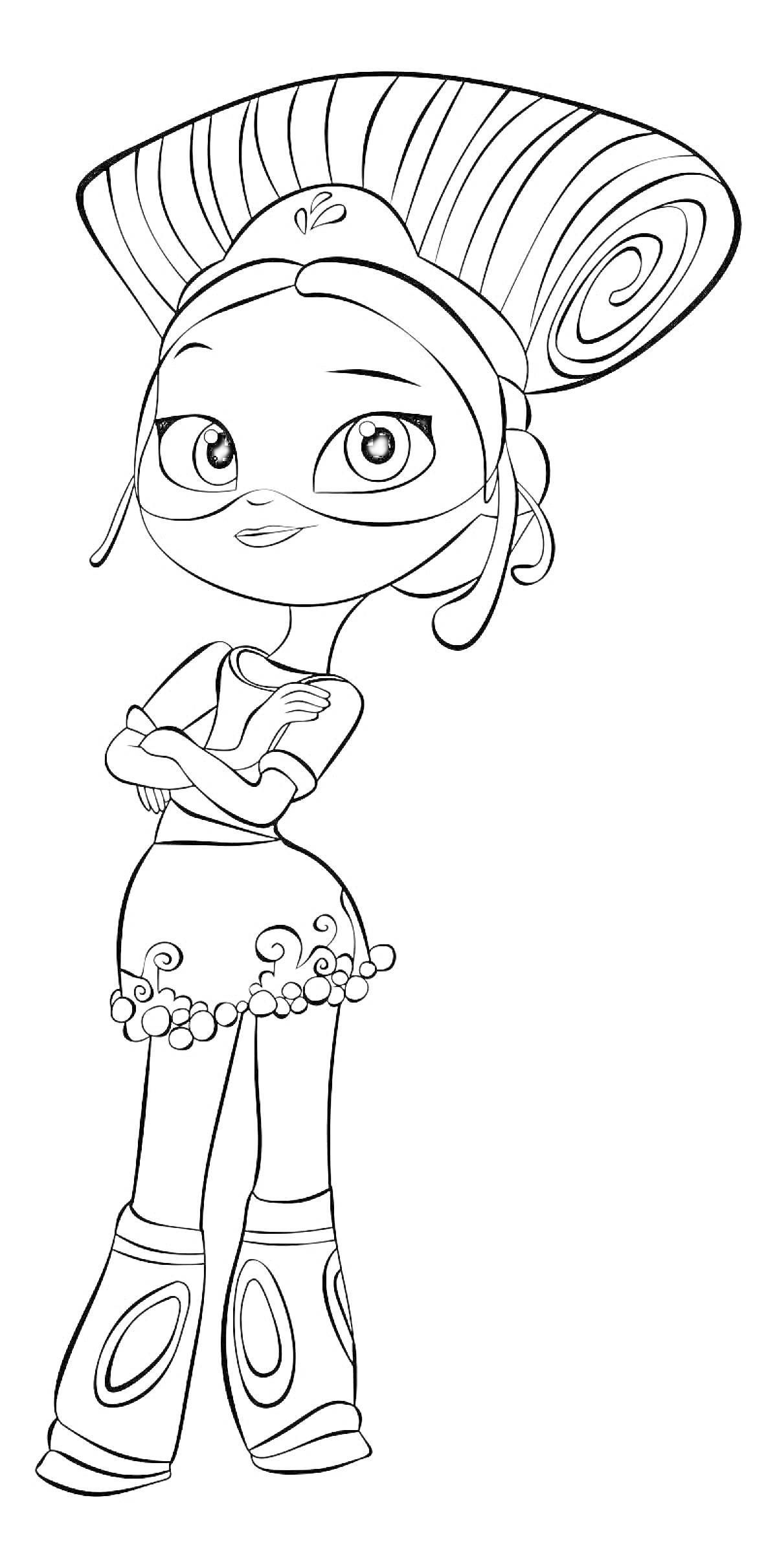 Раскраска Девочка с объемной прической в сказочном костюме, руки скрещены на груди, одета в юбку с узорами и модные сапоги