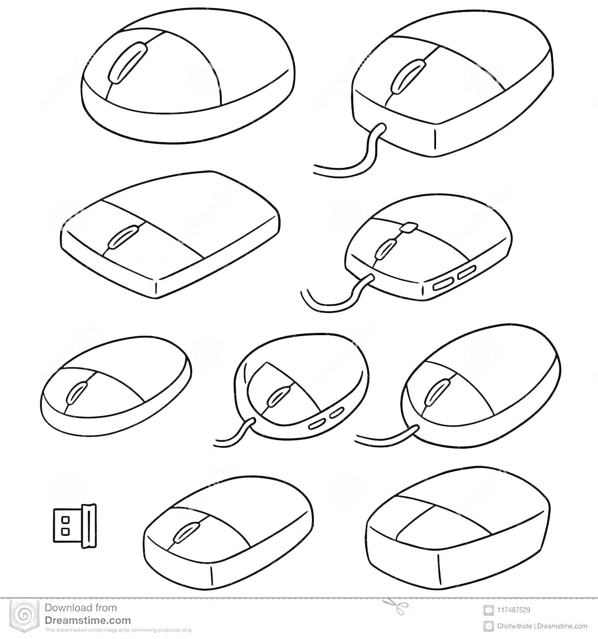 Раскраска Различные типы компьютерных мышей и USB-разъем