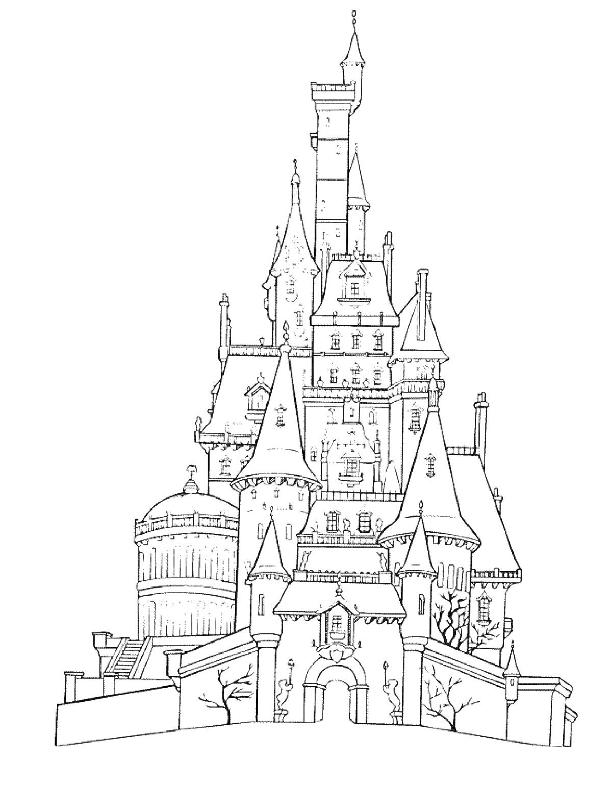 На раскраске изображено: Дворец, Замок, Башни, Ворота, Окна, Архитектура