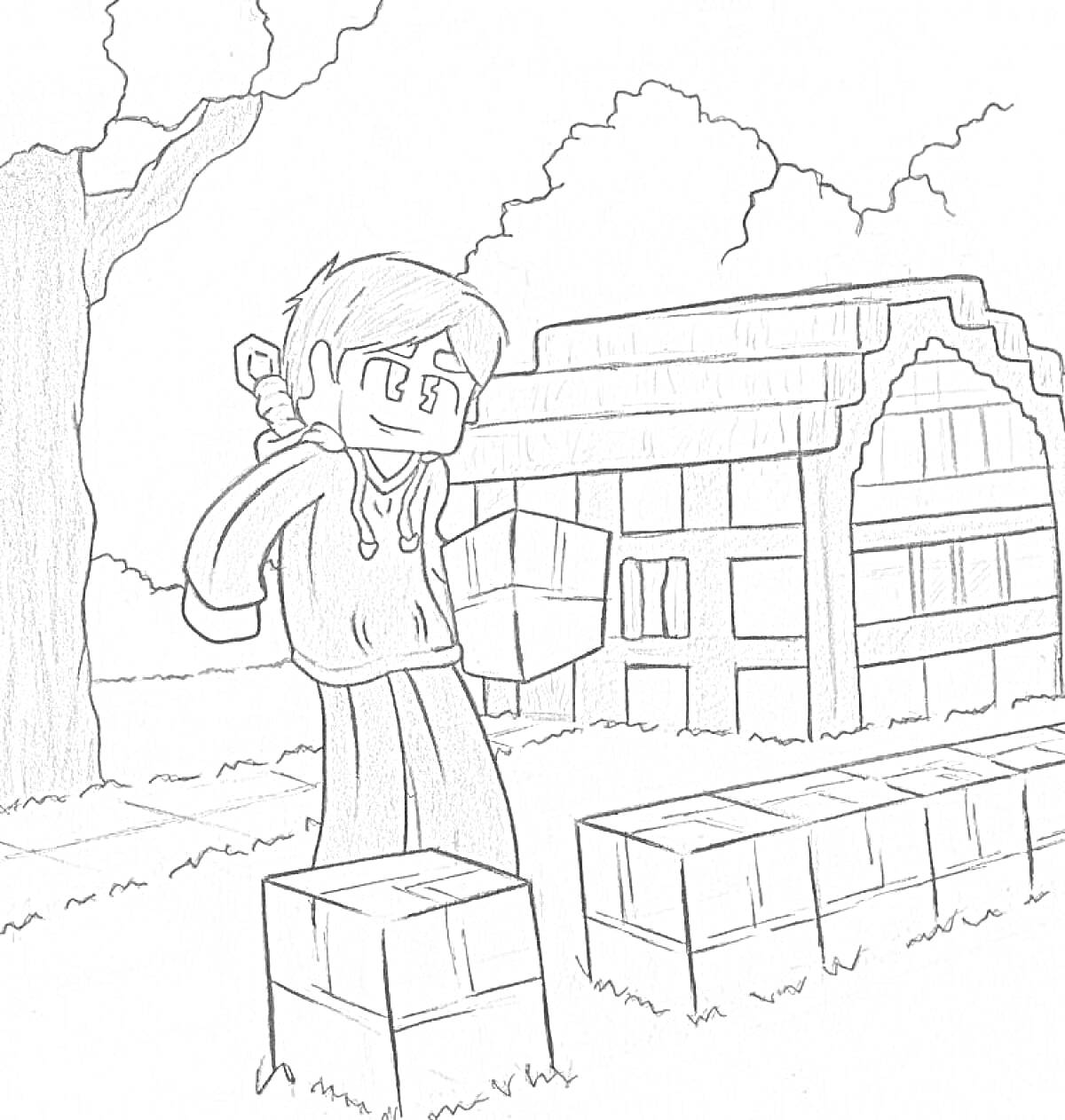 Раскраска персонаж с киркой, стоящий перед блоками на фоне здания и дерева
