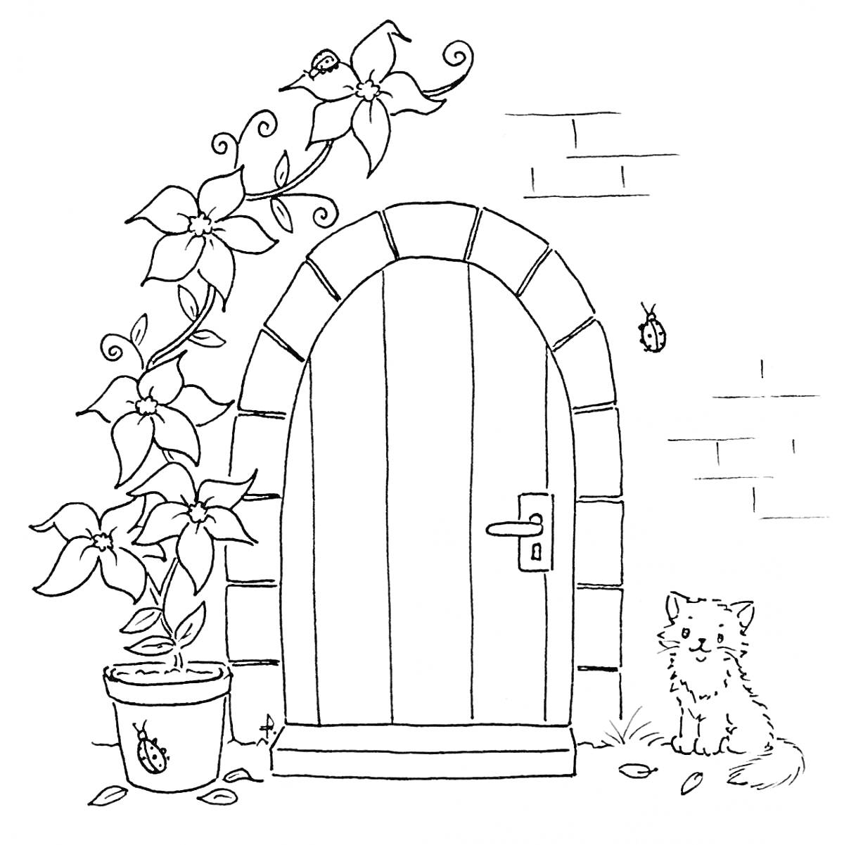 Раскраска Дверь в арке с плющом, горшок с цветами, котенок и бабочки