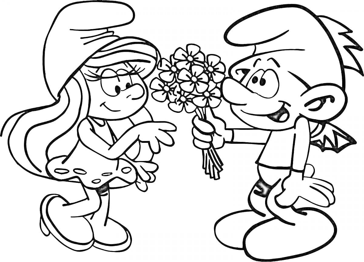 На раскраске изображено: Смурфики, Мальчик, Букет цветов, Фэнтези