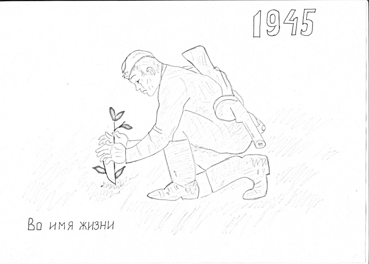На раскраске изображено: Солдат, Ружьё, Посадка, 1945, Жизнь, Память, Война, Мир, Деревья
