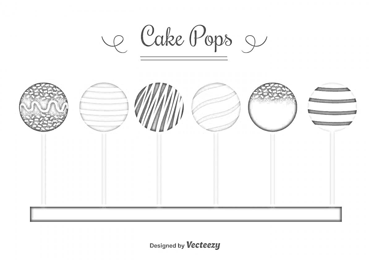 Раскраска Чёрно-белая раскраска с изображением шести кейк попсов на палочках, каждый из которых имеет свой уникальный узор: волны, полосы и точки.
