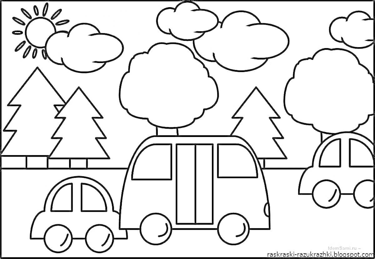 Раскраска Дорога с машинами, деревьями и облаками