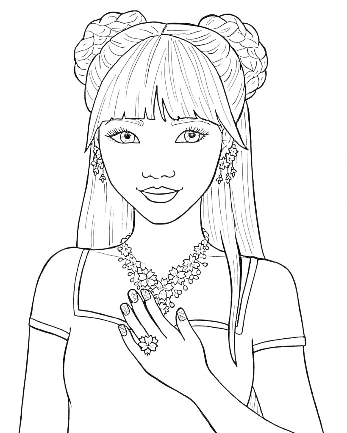 Раскраска Девушка с высокими прическами, ожерельем и кольцами