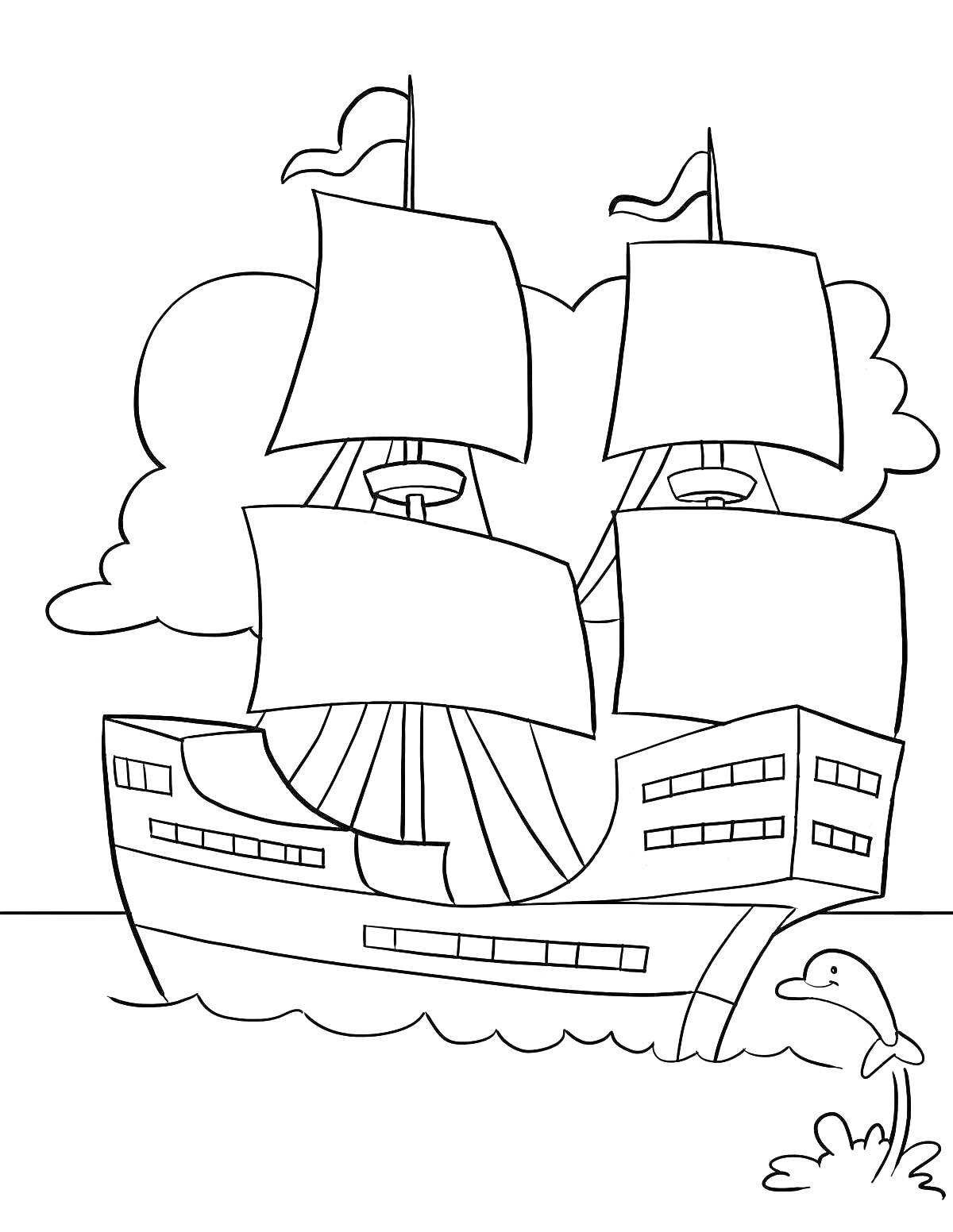На раскраске изображено: Корабль, Море, Облака, Творчество, Для детей, Дельфины, Морская тематика, Океаны, Парусники