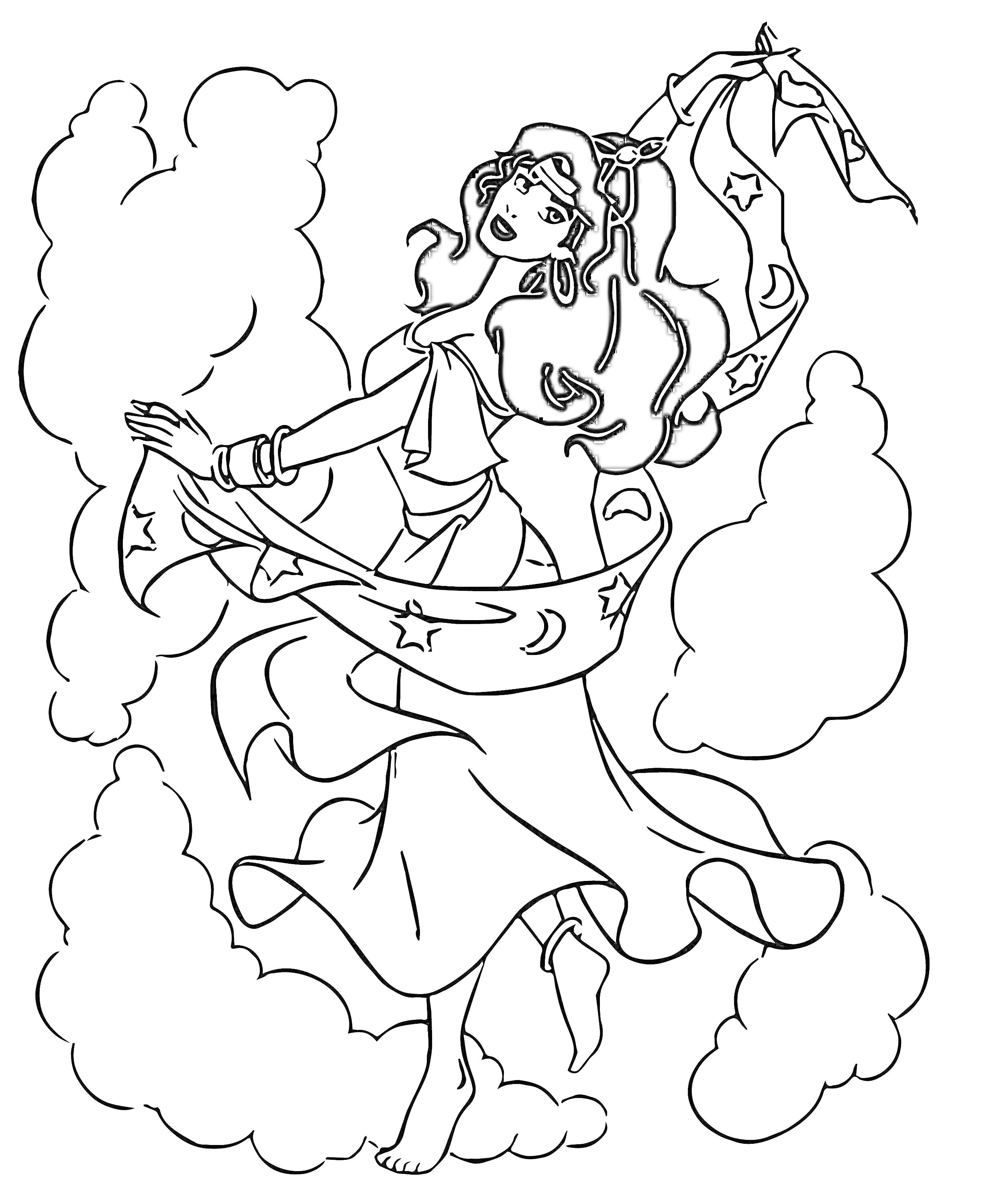 Раскраска Цыганка, танцующая с платком на фоне облаков