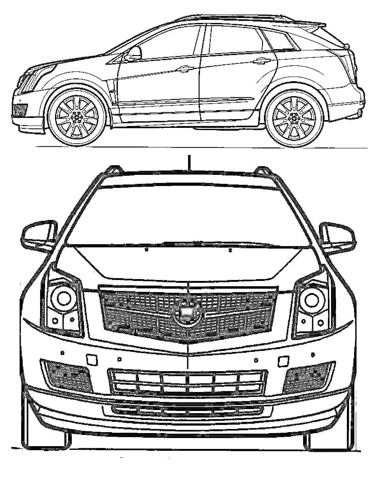 Раскраска Вид сбоку и передний вид Cadillac