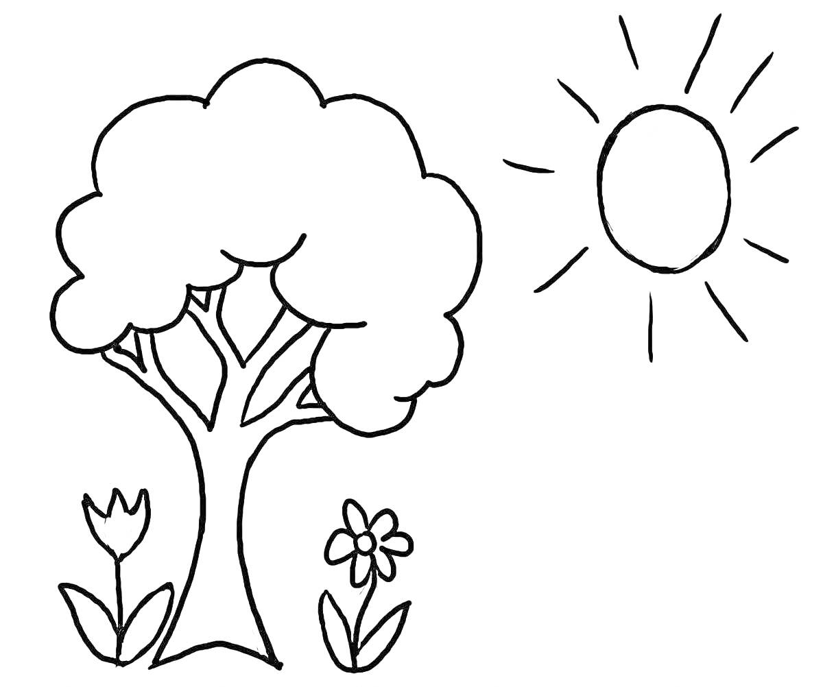 Раскраска Дерево, два цветка и солнце