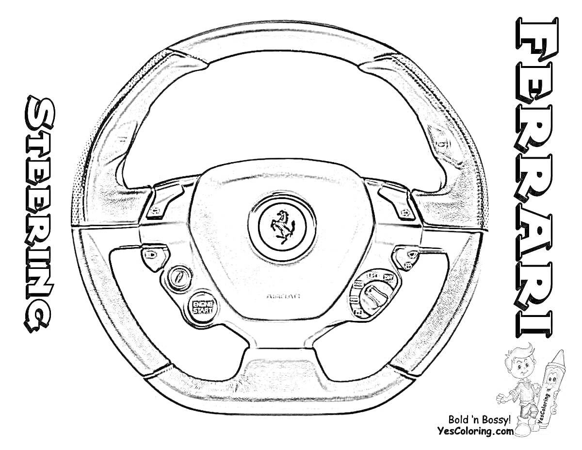 Раскраска Руль Ferrari с надписями «STEERING» и «FERRARI», с логотипом Ferrari, кнопками и иллюстрацией детей в правом нижнем углу.